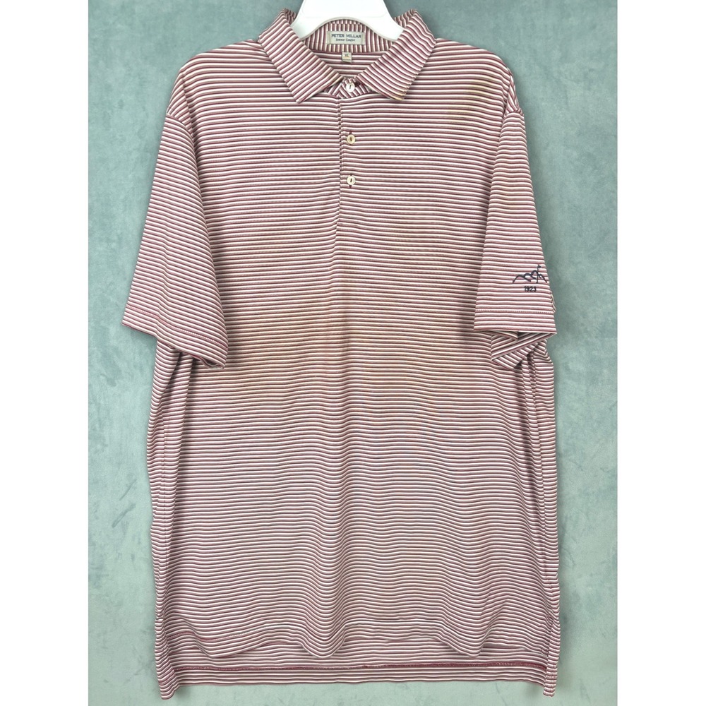 Peter Millar Summer Comfort Mens XL Polo Shirt Burgundy Stripe Mountain Logo